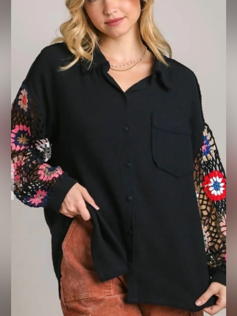 Umgee Black Button-Down Top with Multicolor Crochet Sleeves Small